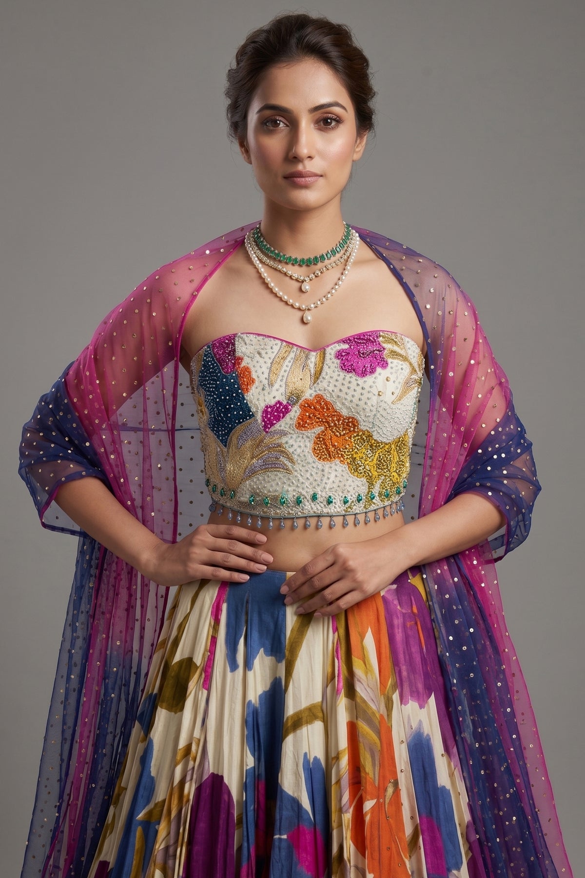 Off White Crepe Silk Floral Printed Flared Lehenga with Beaded Off Shoulder Corset - red silk saree