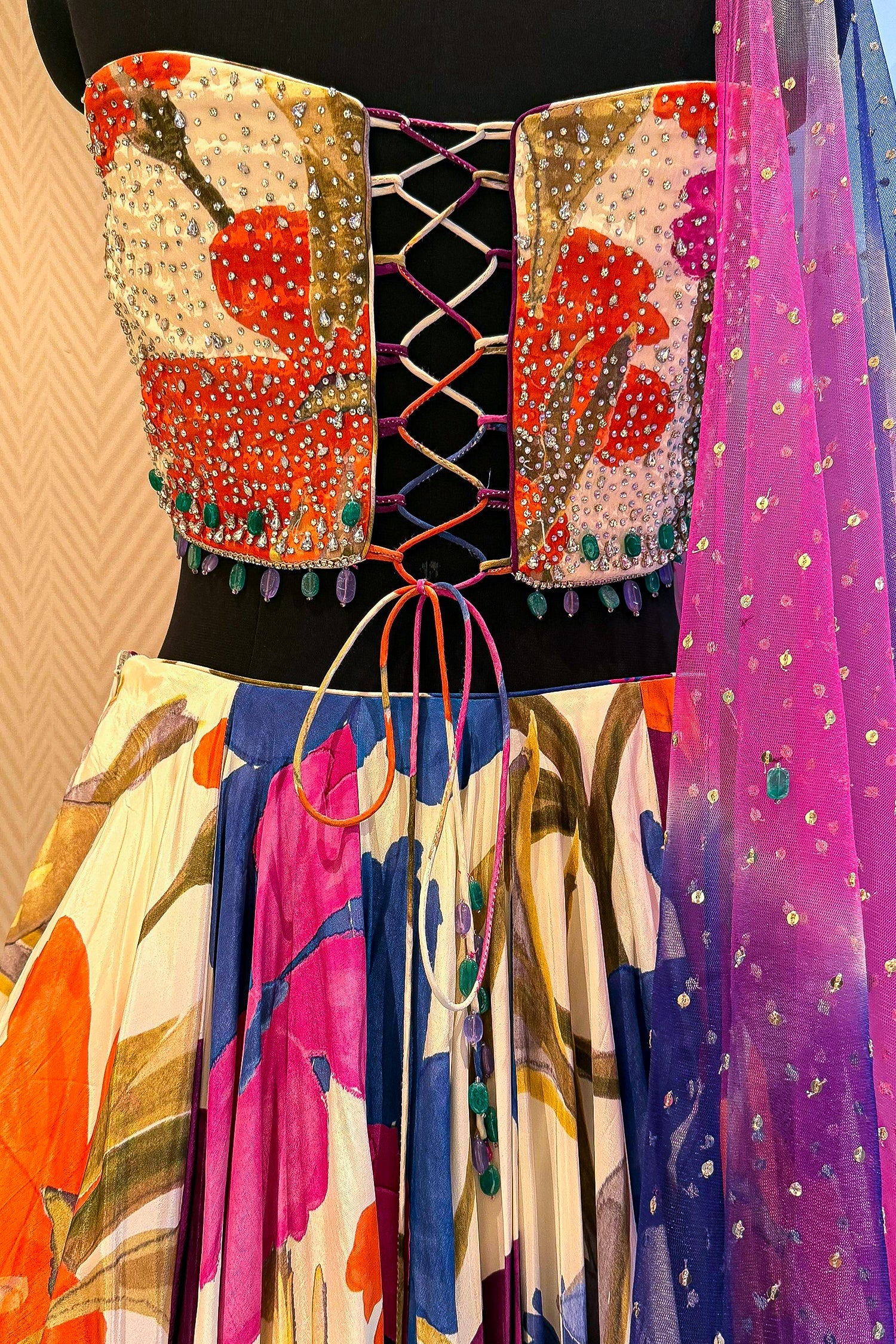 Off White Crepe Silk Floral Printed Flared Lehenga with Beaded Off Shoulder Corset