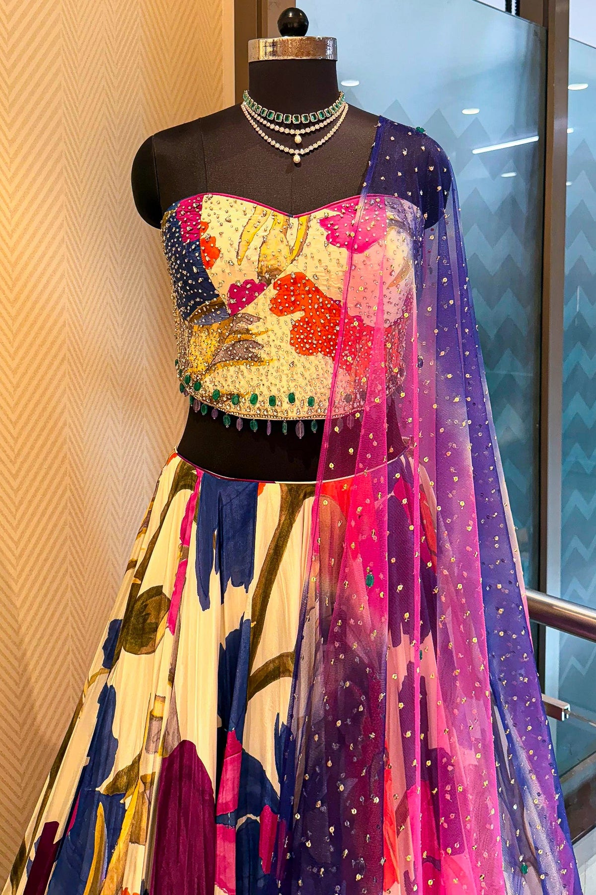 Off White Crepe Silk Floral Printed Flared Lehenga with Beaded Off Shoulder Corset - red silk saree