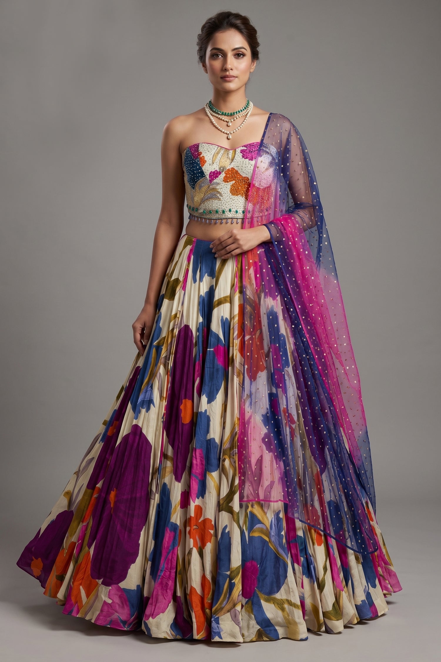 Off White Crepe Silk Floral Printed Flared Lehenga with Beaded Off Shoulder Corset - red silk saree