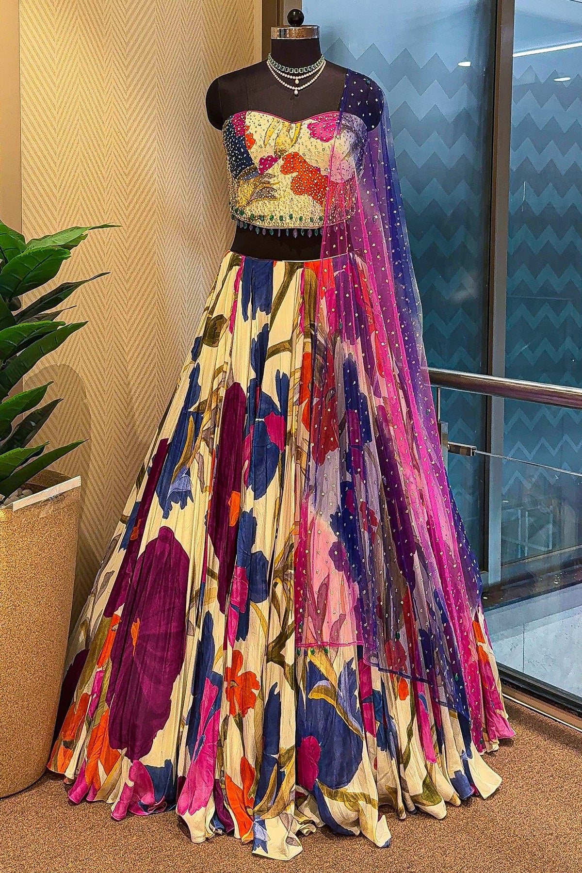 Off White Crepe Silk Floral Printed Flared Lehenga with Beaded Off Shoulder Corset - red silk saree