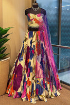 Off White Crepe Silk Floral Printed Flared Lehenga with Beaded Off Shoulder Corset - red silk saree