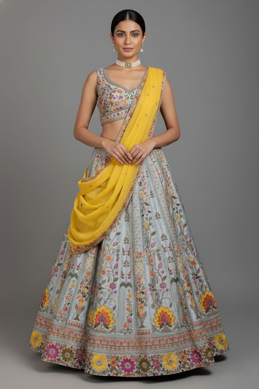 Light Green Raw Silk Embroidered Lehenga - red silk saree embroidered