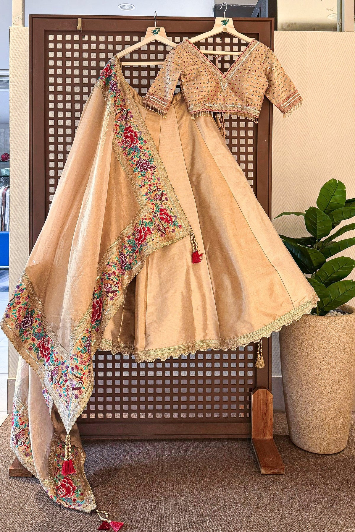 Golden Tissue Silk Lehenga with Petit Point Parsi Embroidered Border Dupatta - red silk saree embroidered