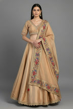 Golden Tissue Silk Lehenga with Petit Point Parsi Embroidered Border Dupatta - red silk saree embroidered