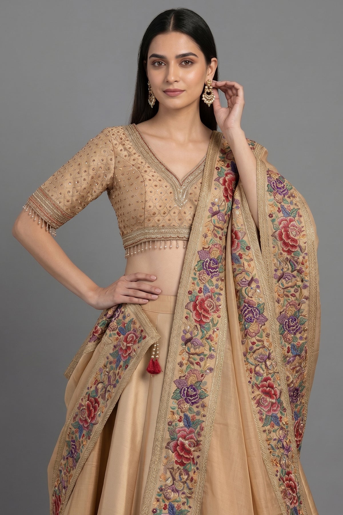Golden Tissue Silk Lehenga with Petit Point Parsi Embroidered Border Dupatta - red silk saree embroidered