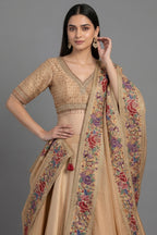 Golden Tissue Silk Lehenga with Petit Point Parsi Embroidered Border Dupatta - red silk saree embroidered