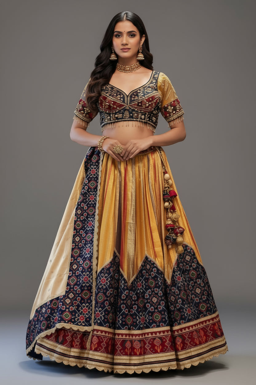 Golden Tissue Silk Pleated Patola Lehenga - gold silk saree patola
