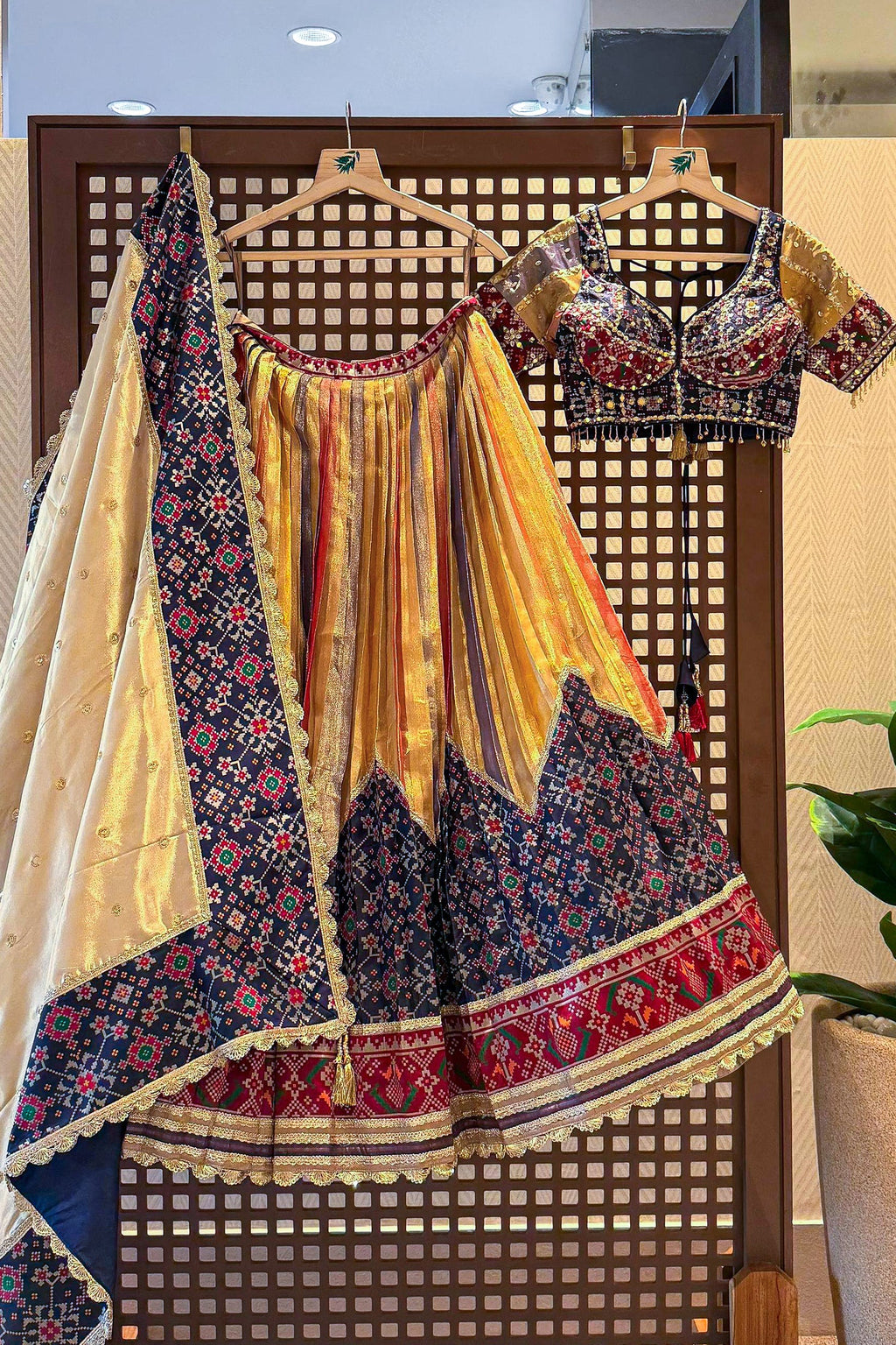 Golden Tissue Silk Pleated Patola Lehenga - gold silk saree patola