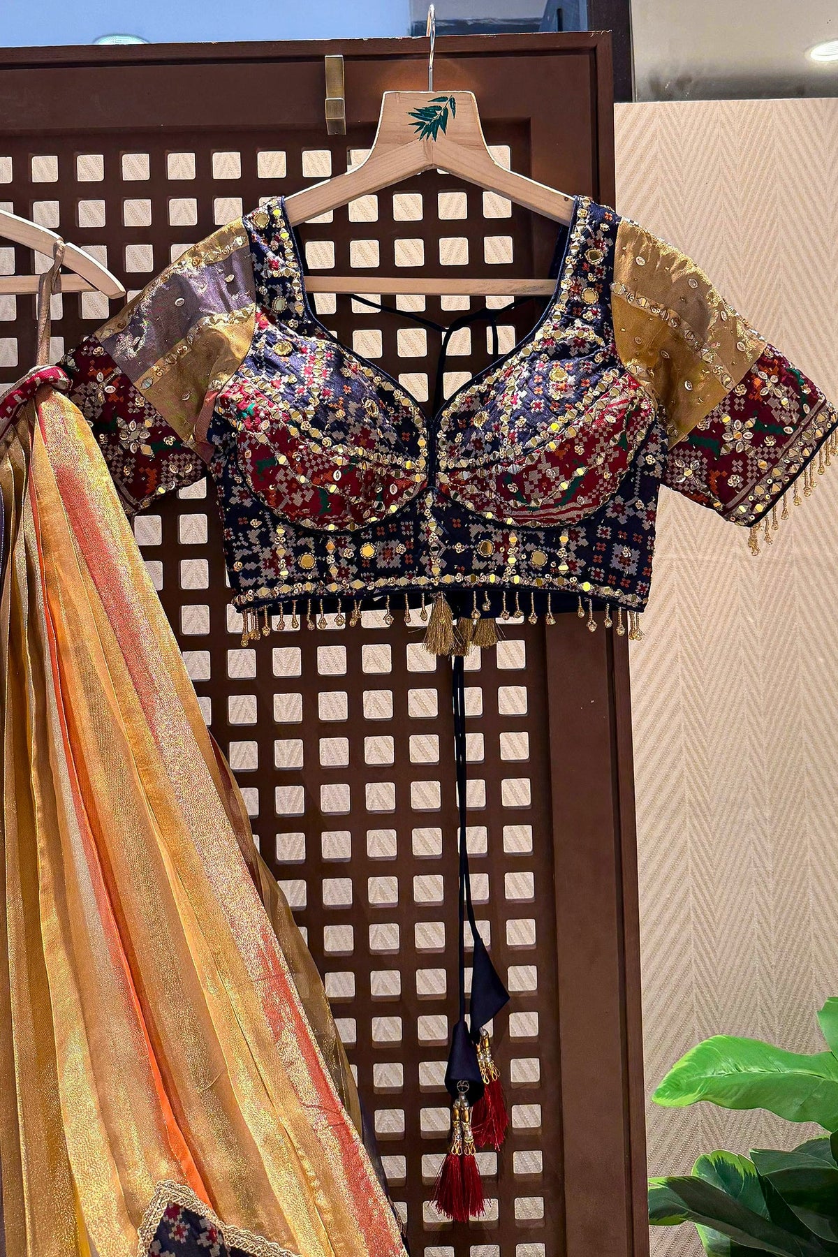 Golden Tissue Silk Pleated Patola Lehenga - gold silk saree patola