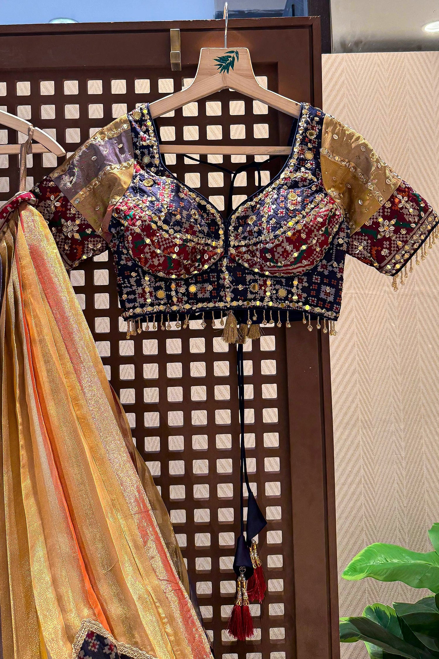 Golden Tissue Silk Pleated Patola Lehenga - gold silk saree patola
