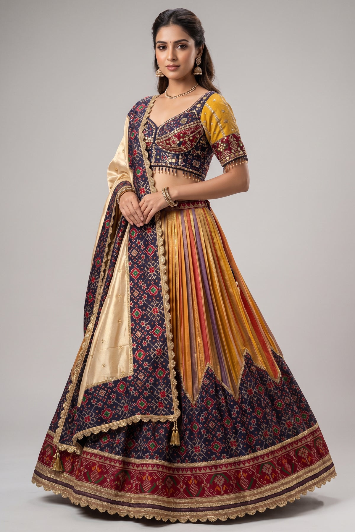 Golden Tissue Silk Pleated Patola Lehenga