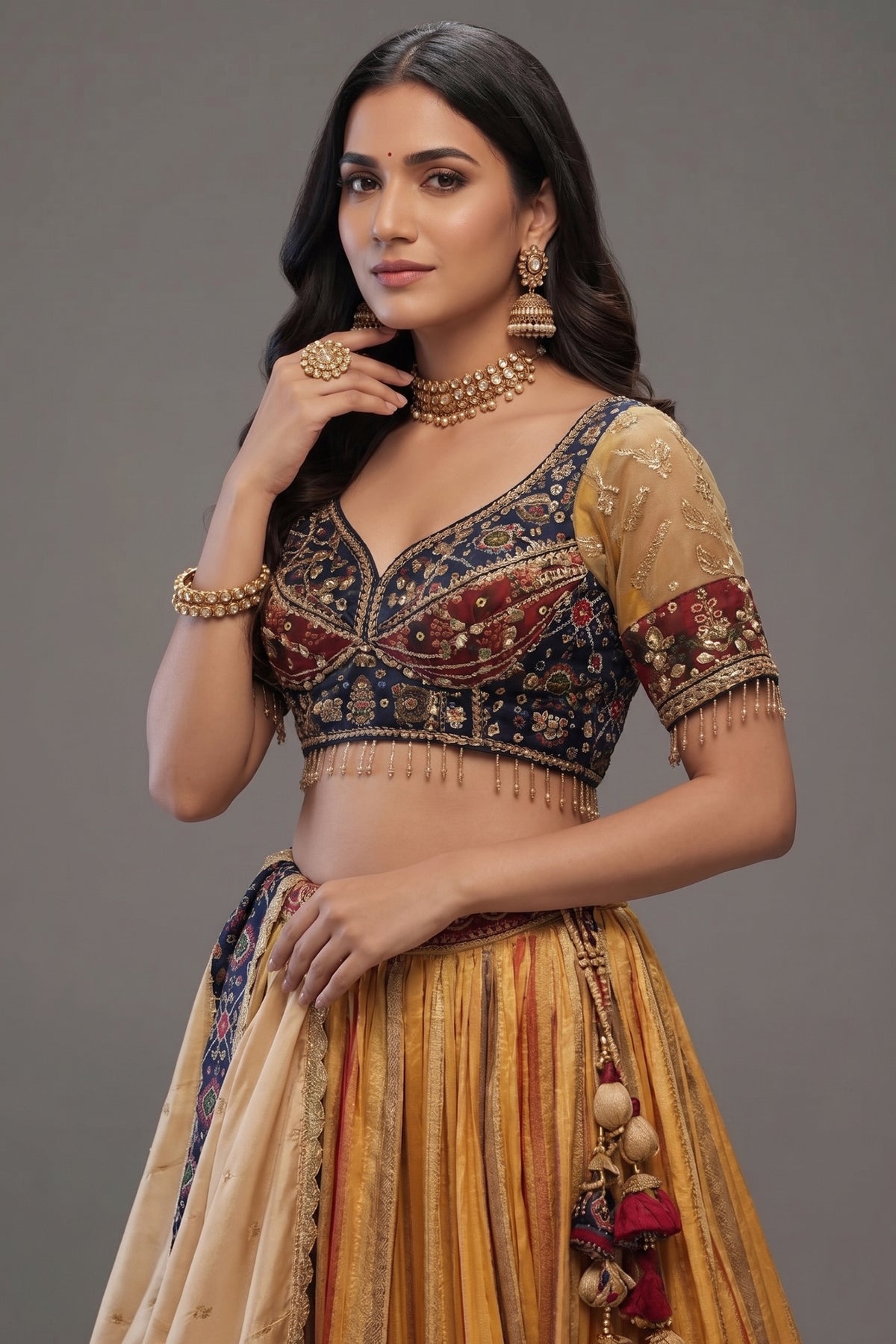 Golden Tissue Silk Pleated Patola Lehenga - gold silk saree patola