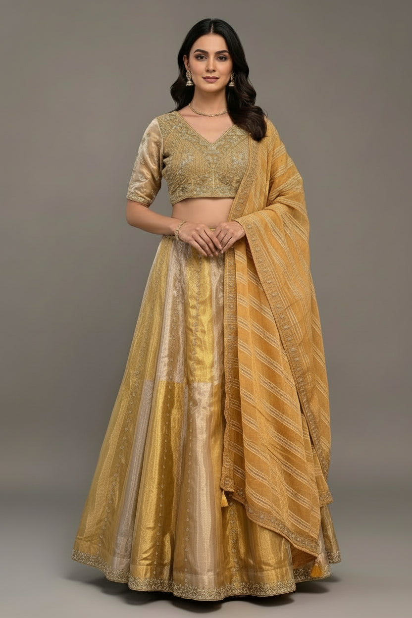 Golden Tissue Silk Beads and Cutdana Worked Lehenga - gold silk saree