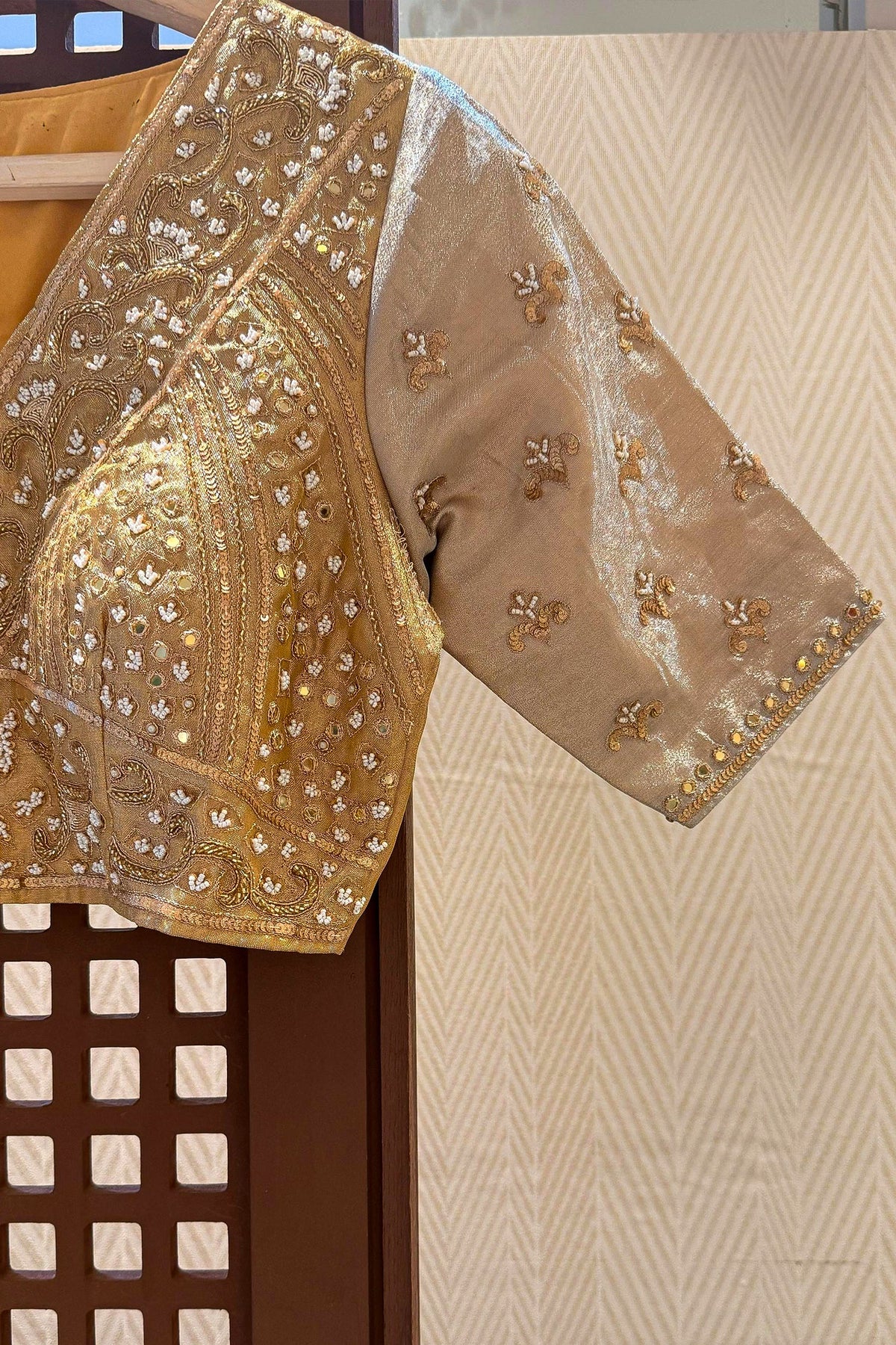 Golden Tissue Silk Beads and Cutdana Worked Lehenga - gold silk saree