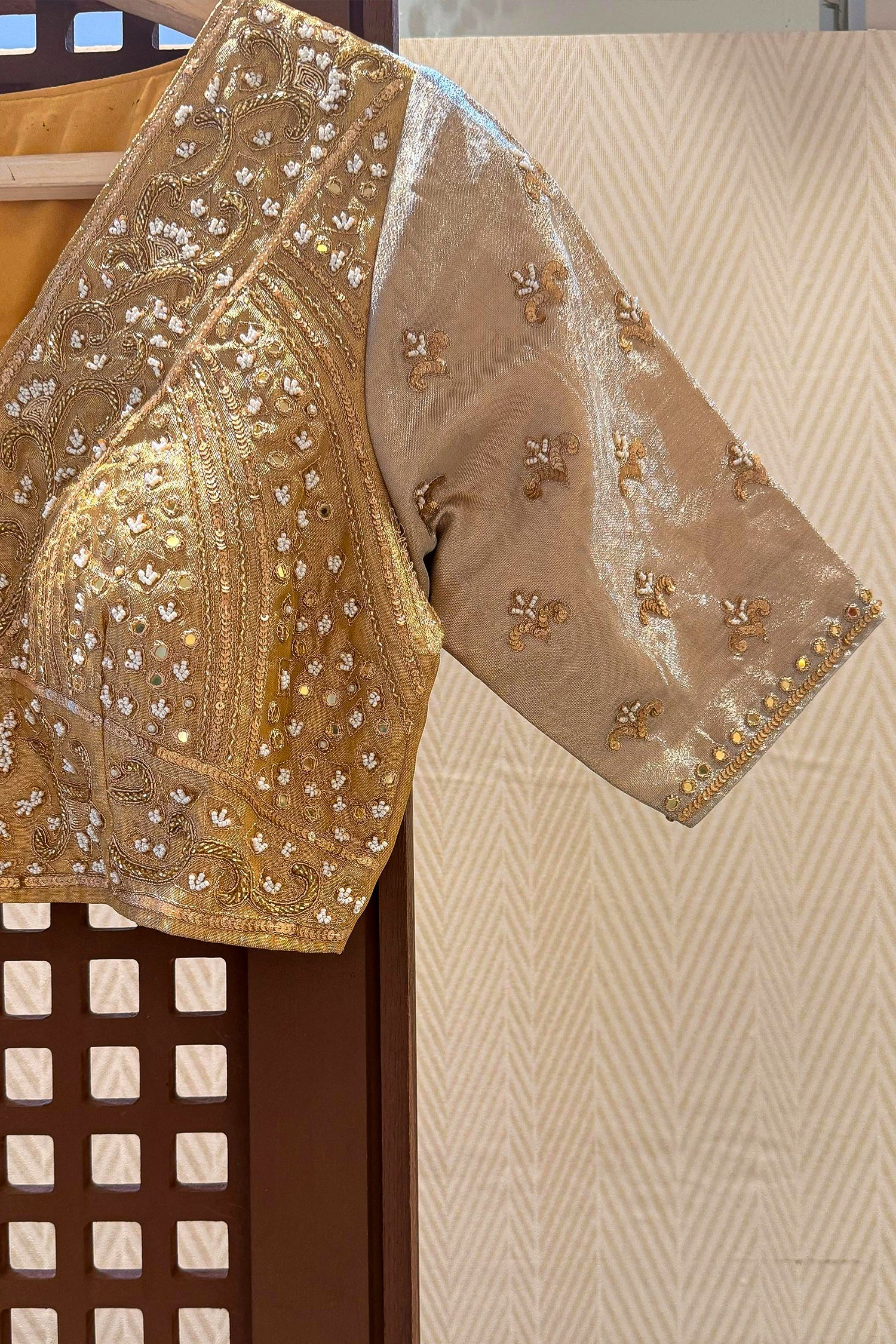 Golden Tissue Silk Beads and Cutdana Worked Lehenga - gold silk saree