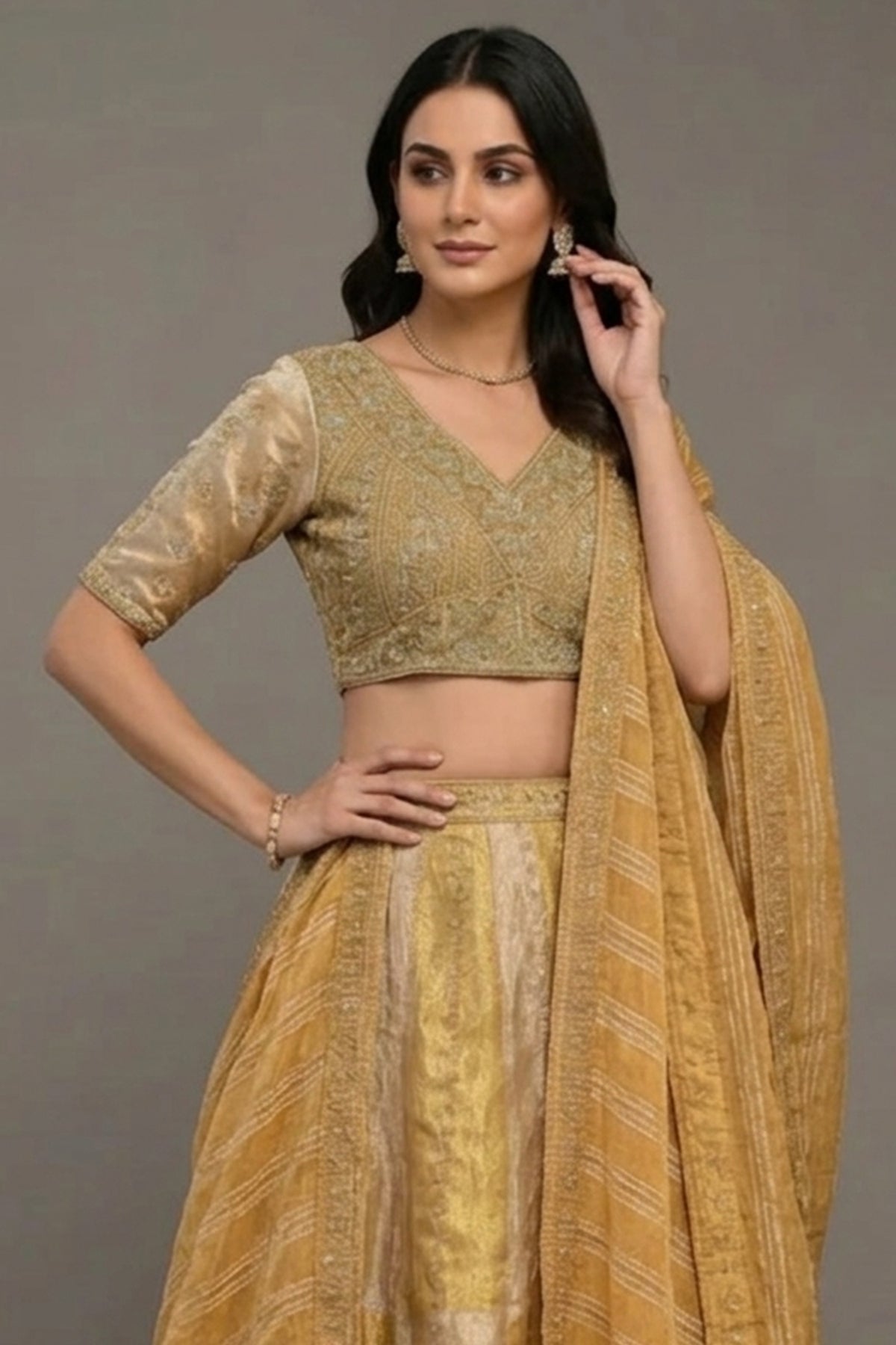 Golden Tissue Silk Beads and Cutdana Worked Lehenga - gold silk saree