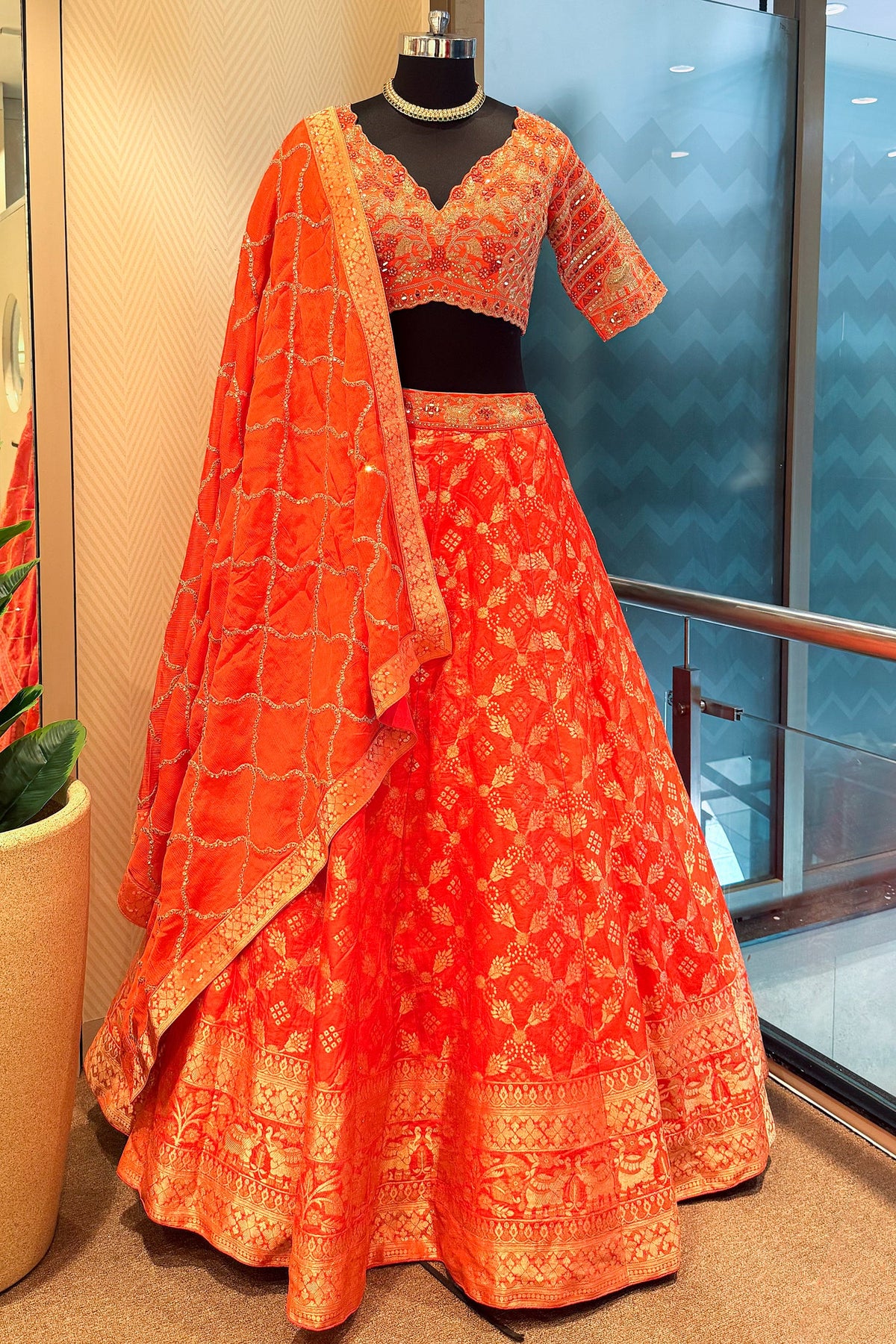 Orange Banarasi Silk Weaving Lehenga