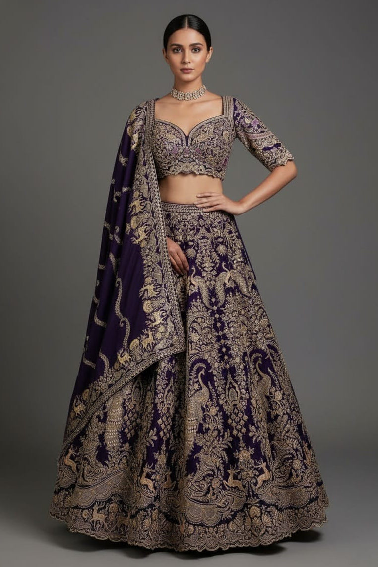 Blue Banarasi Silk All Over Woven Lehenga with Peacock and Animal Motif - blue silk saree Main image