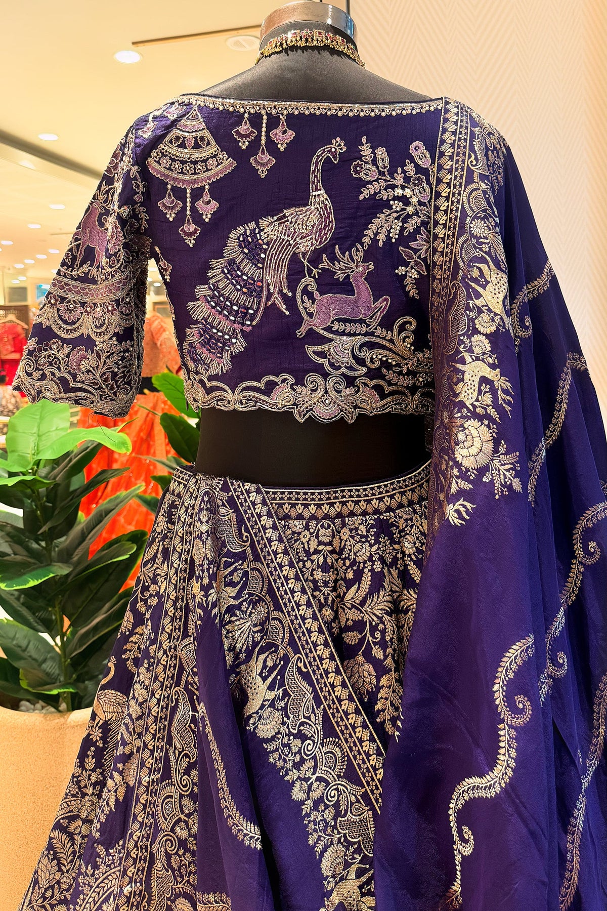 Blue Banarasi Silk All Over Woven Lehenga with Peacock and Animal Motif - blue silk saree