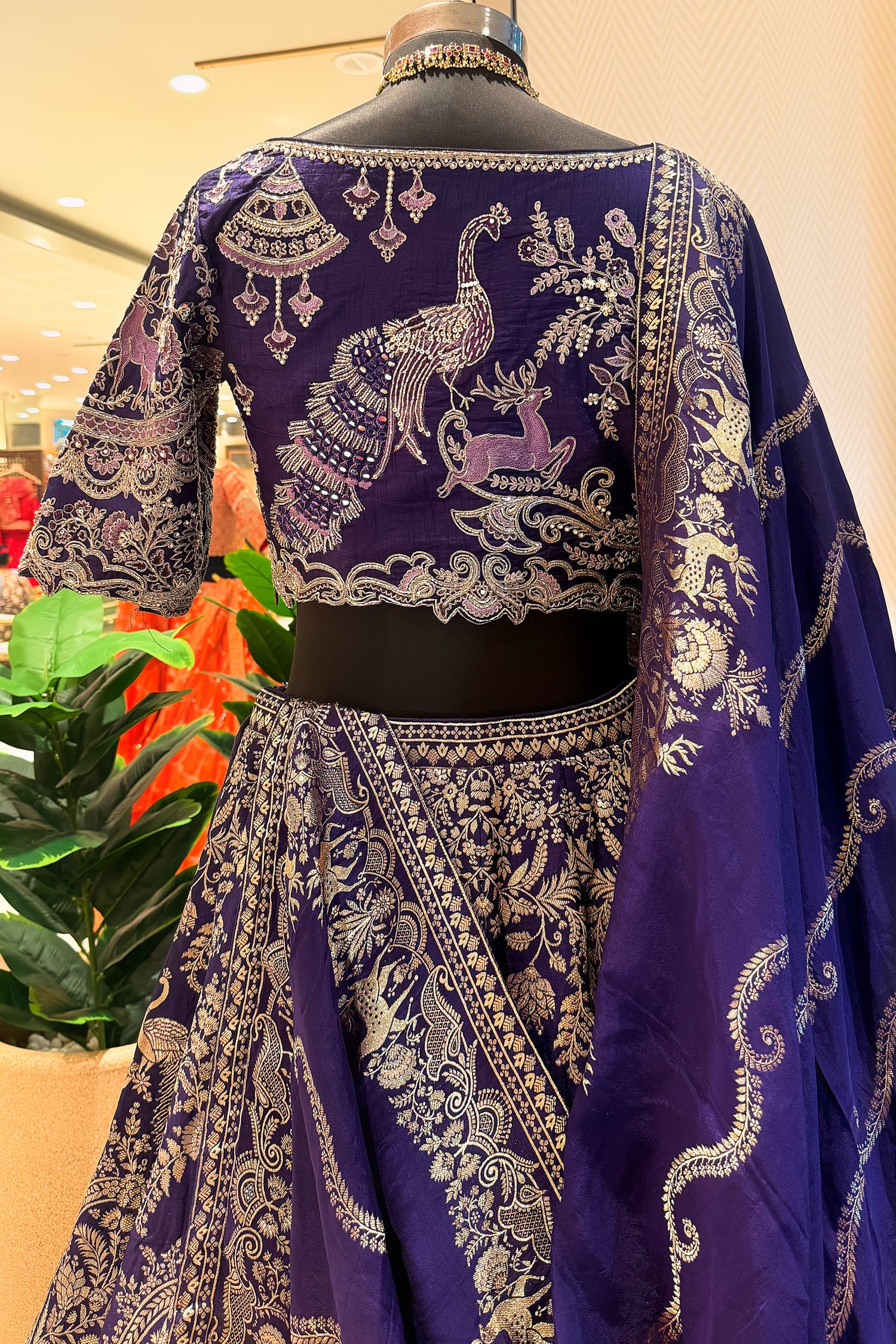 Blue Banarasi Silk All Over Woven Lehenga with Peacock and Animal Motif - blue silk saree