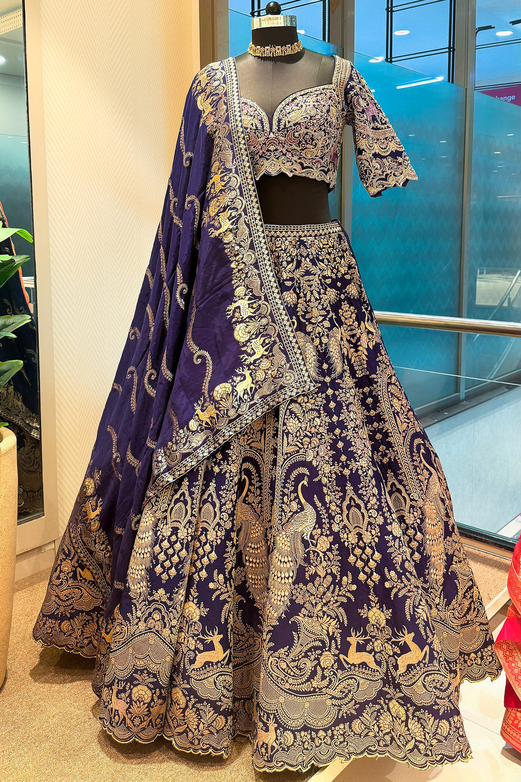 Blue Banarasi Silk All Over Woven Lehenga with Peacock and Animal Motif - blue silk saree