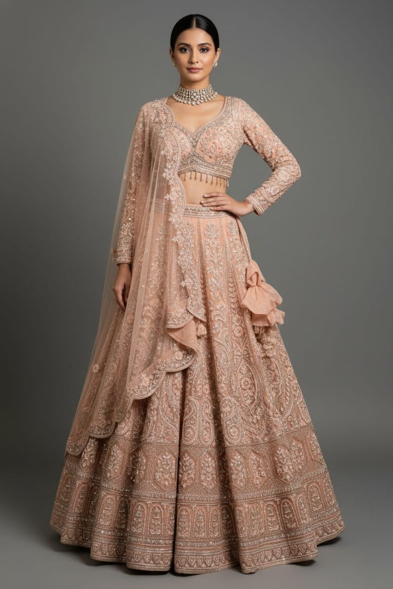 Peach Net Designer Handworked Lehenga - peach net saree