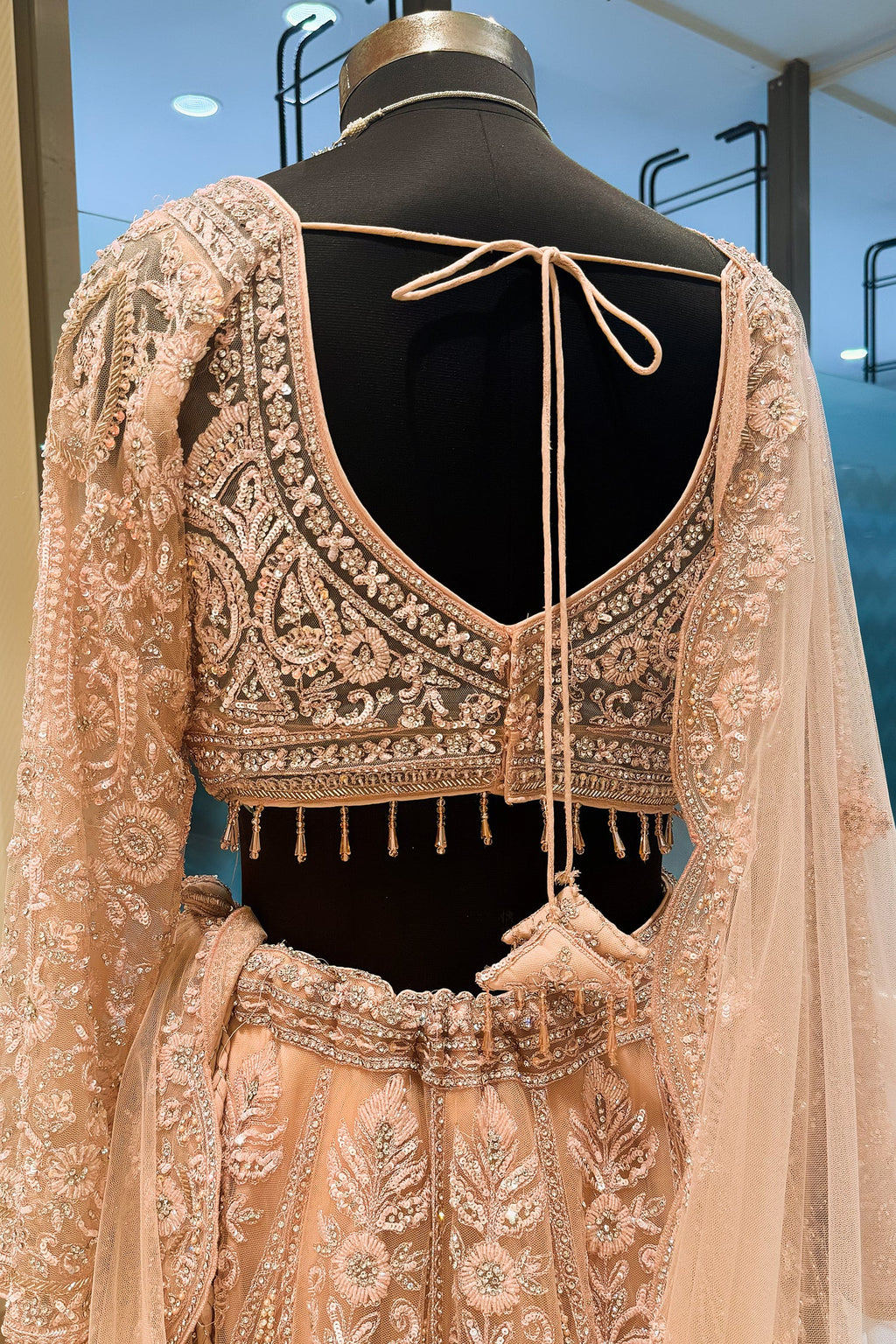 Peach Net Designer Handworked Lehenga - peach net saree