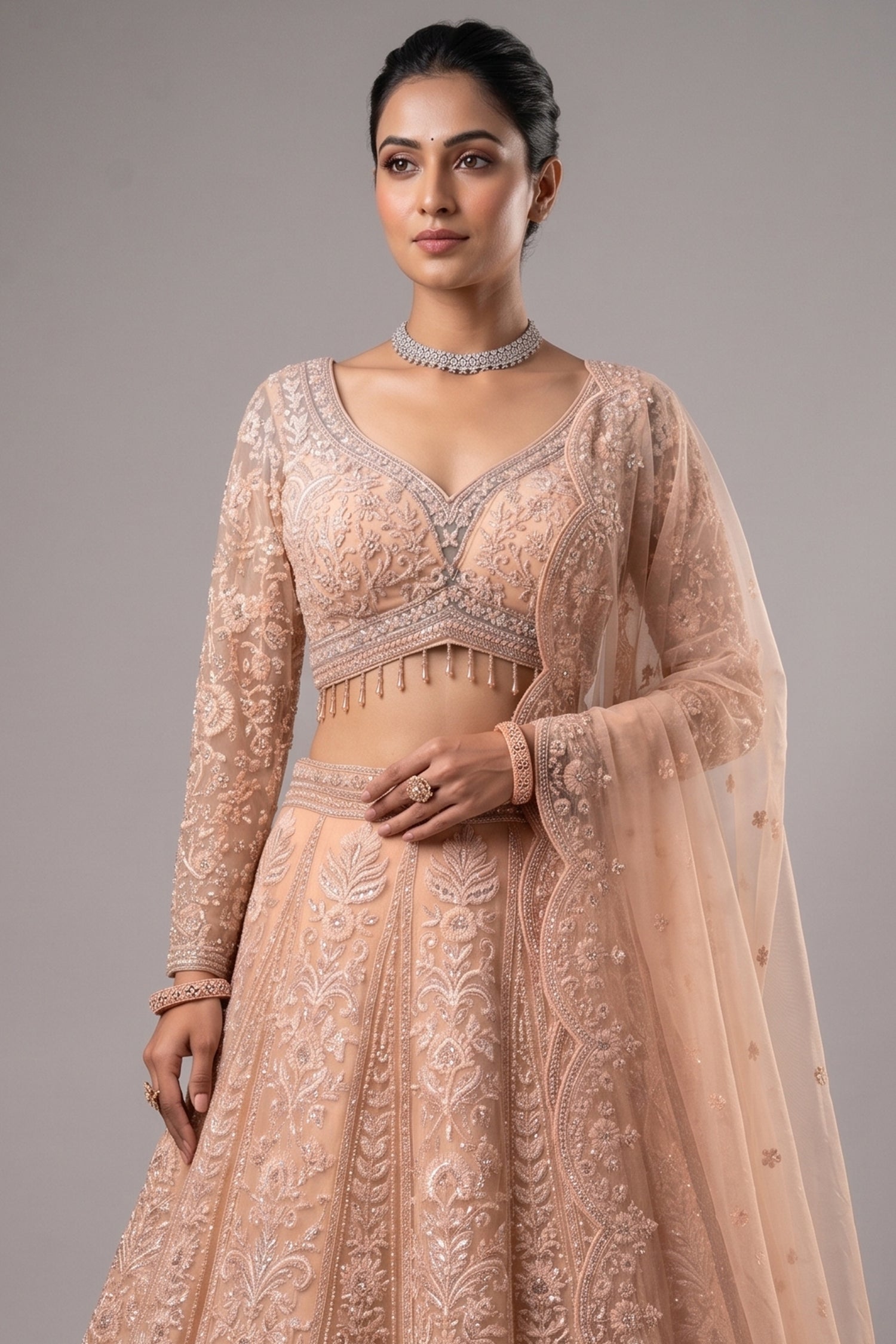 Peach Net Designer Handworked Lehenga Secondary image