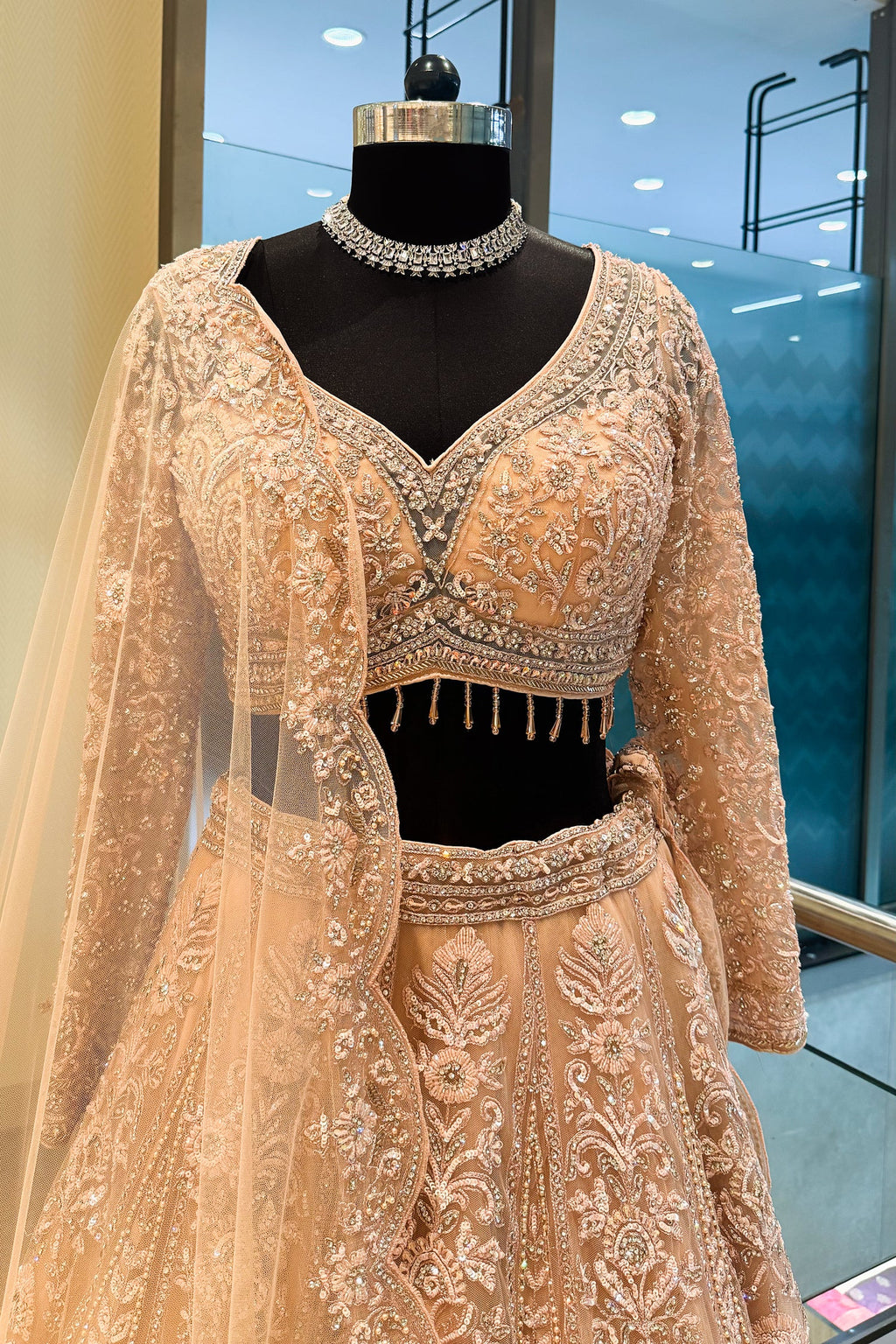 Peach Net Designer Handworked Lehenga - peach net saree