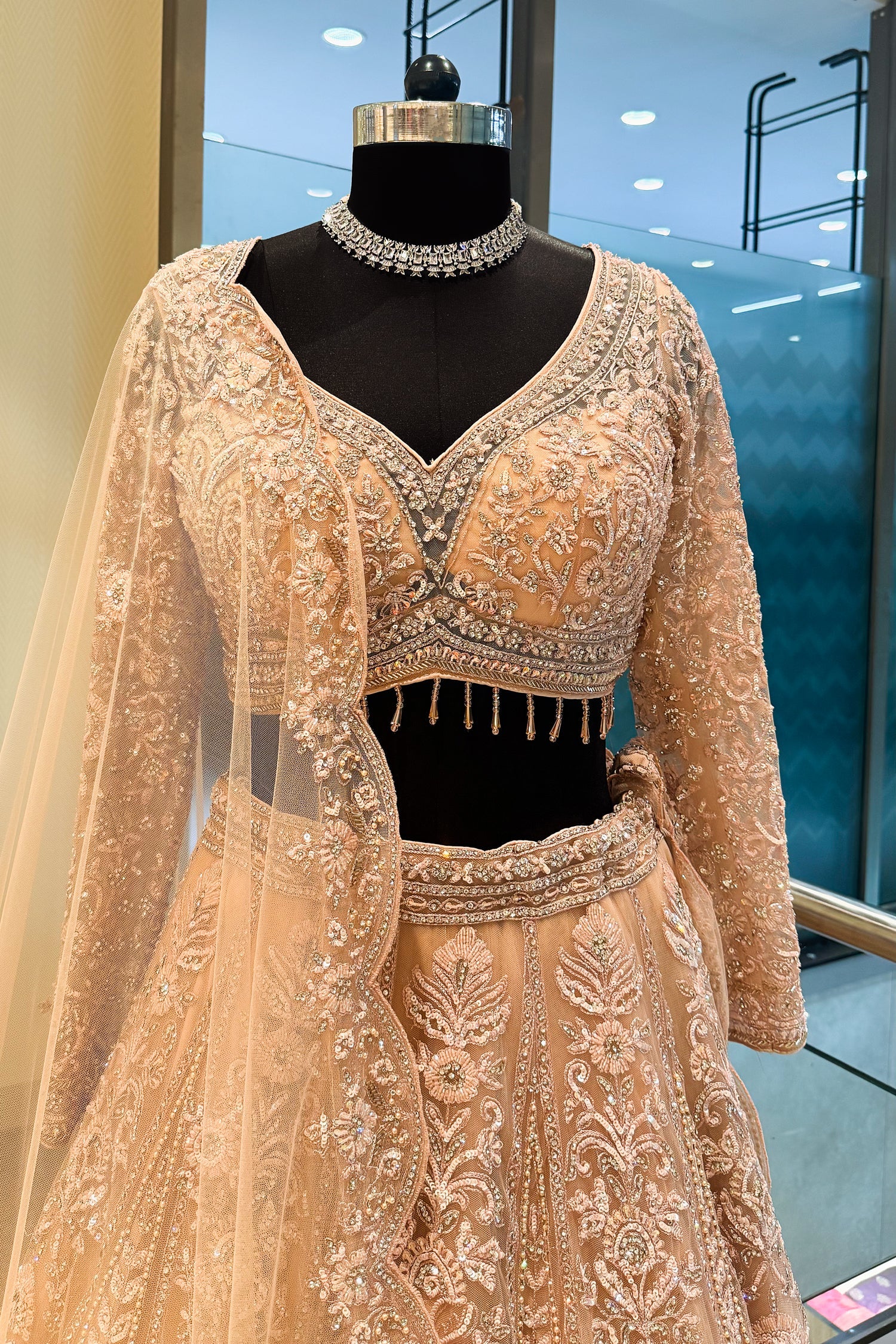 Peach Net Designer Handworked Lehenga - peach net saree