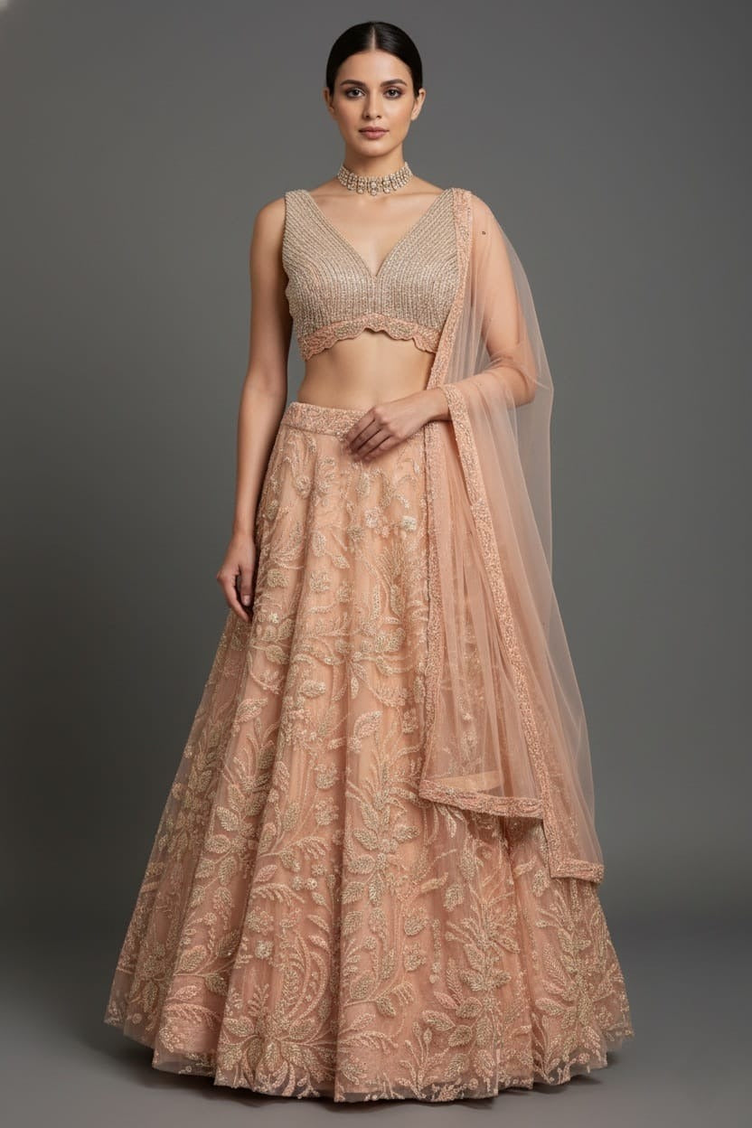 Pink Lycra Net Shimmer Designer Handworked Lehenga - pink net saree Main image