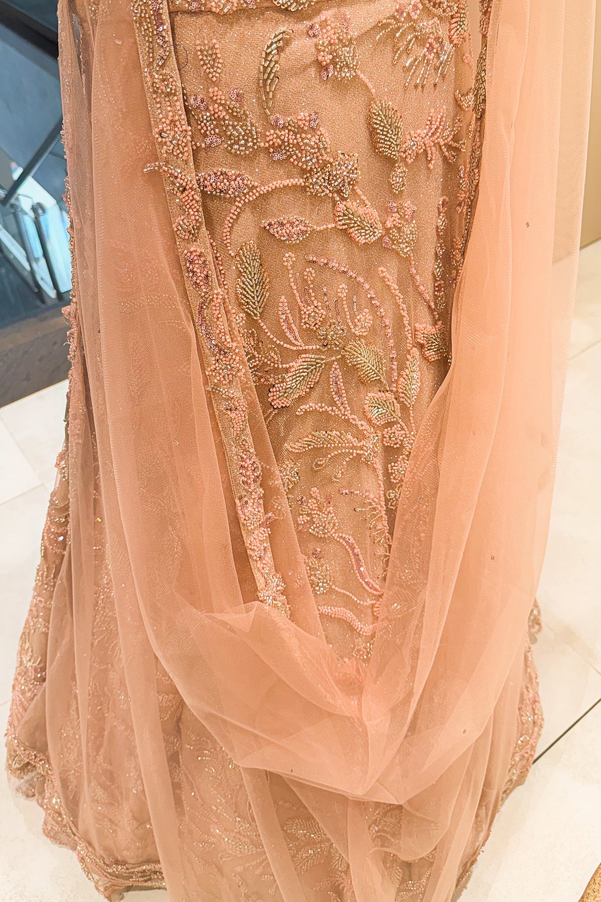 Pink Lycra Net Shimmer Designer Handworked Lehenga - pink net saree