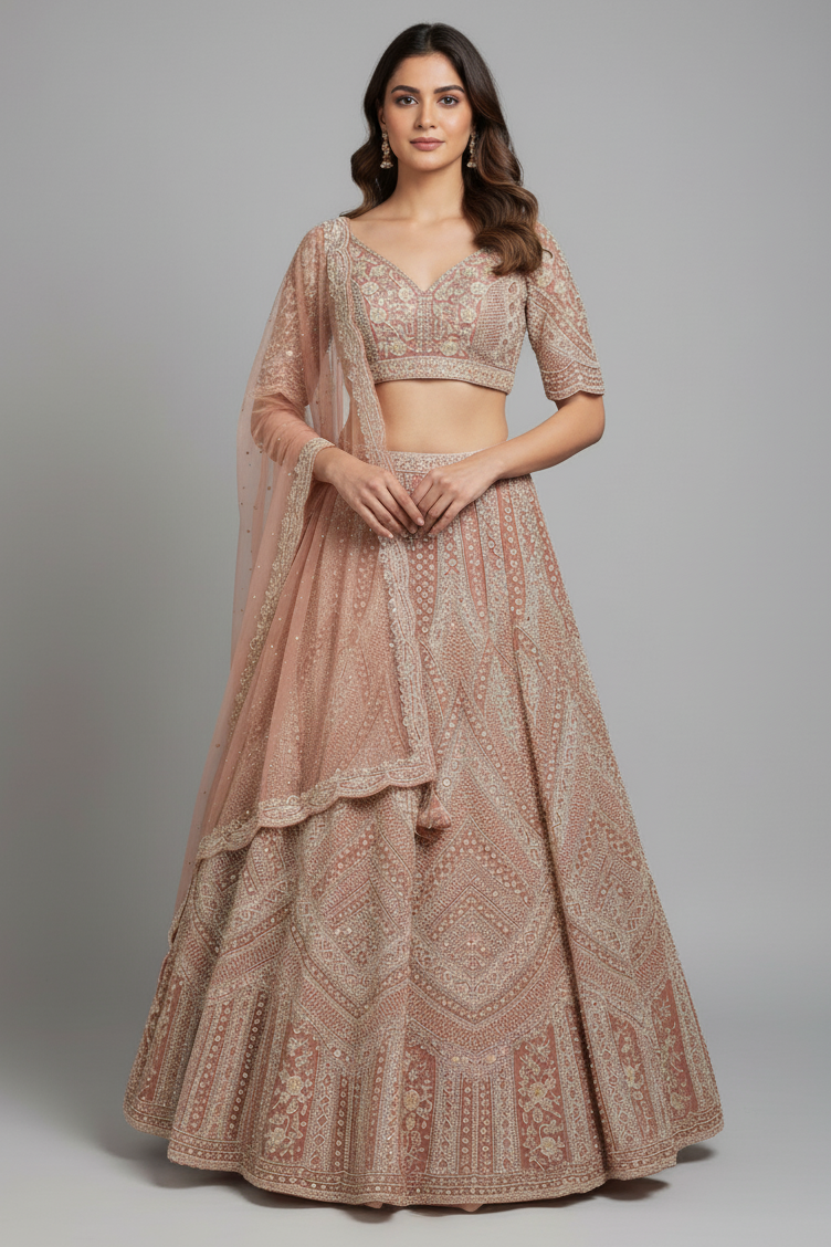Dusty Rose Pink Net Designer Handoworked Lehenga - pink net saree