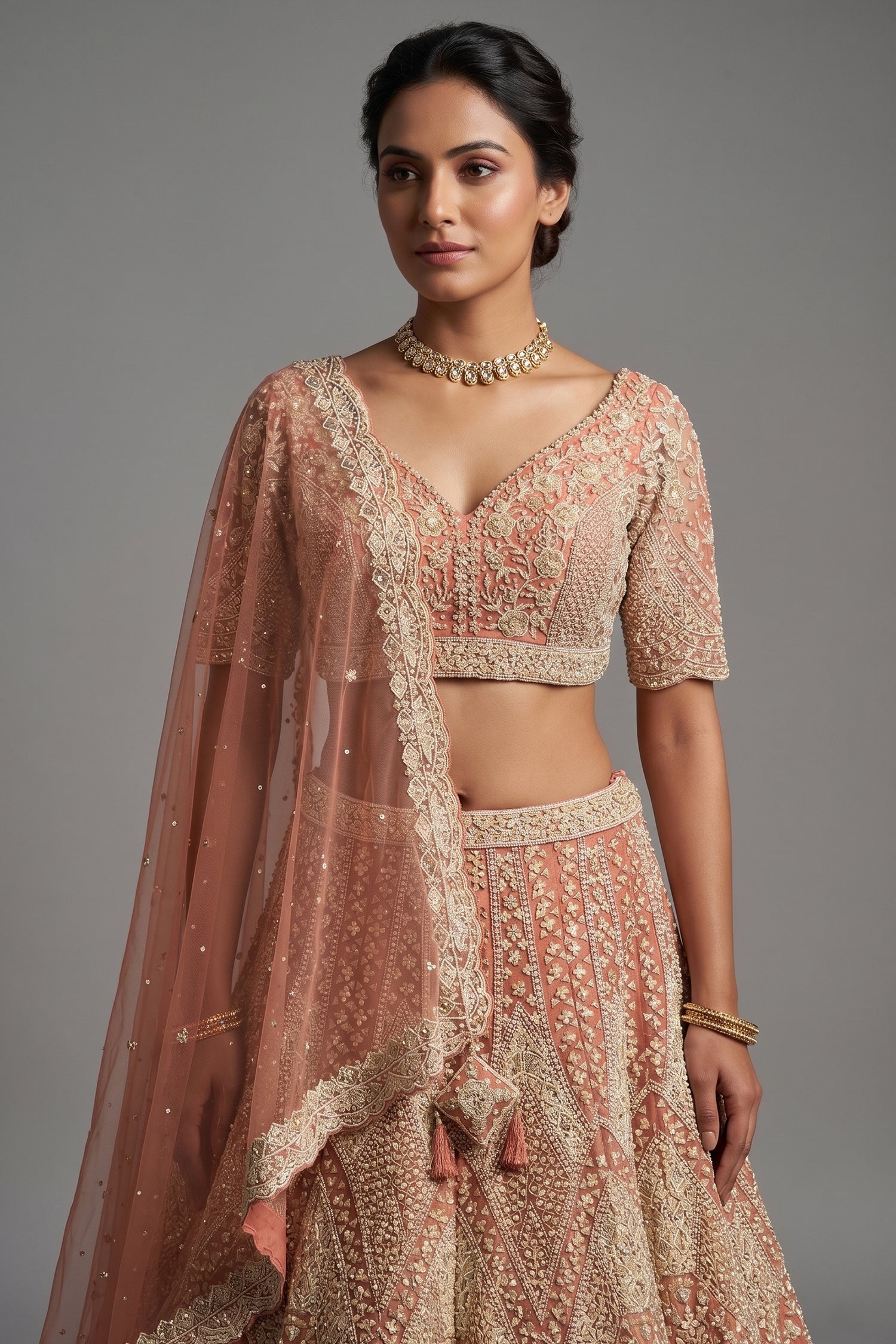 Dusty Rose Pink Net Designer Handoworked Lehenga - pink net saree