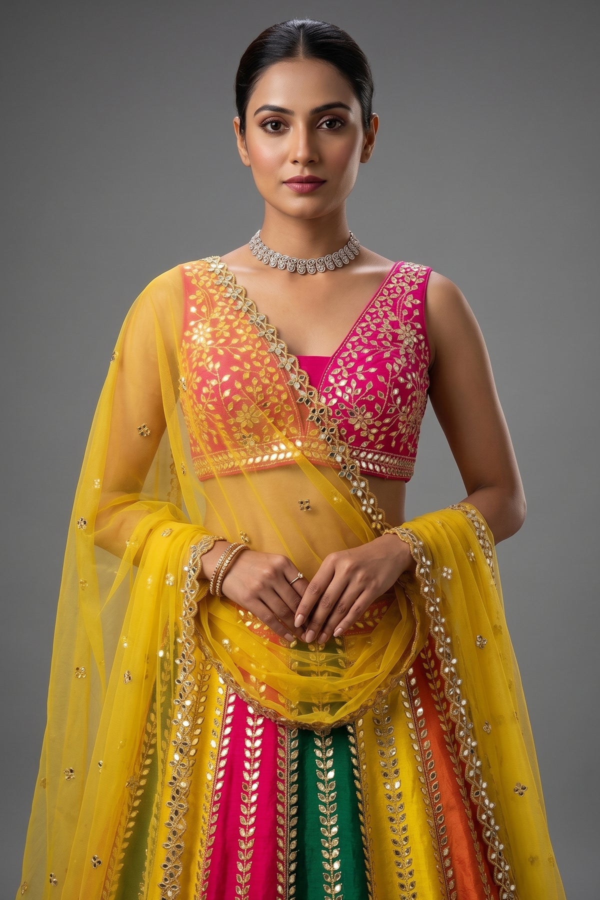 Multi Colored Silk Mirror Worked Designer Lehenga - red silk saree