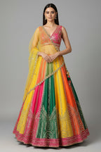 Multi Colored Silk Mirror Worked Designer Lehenga - red silk saree