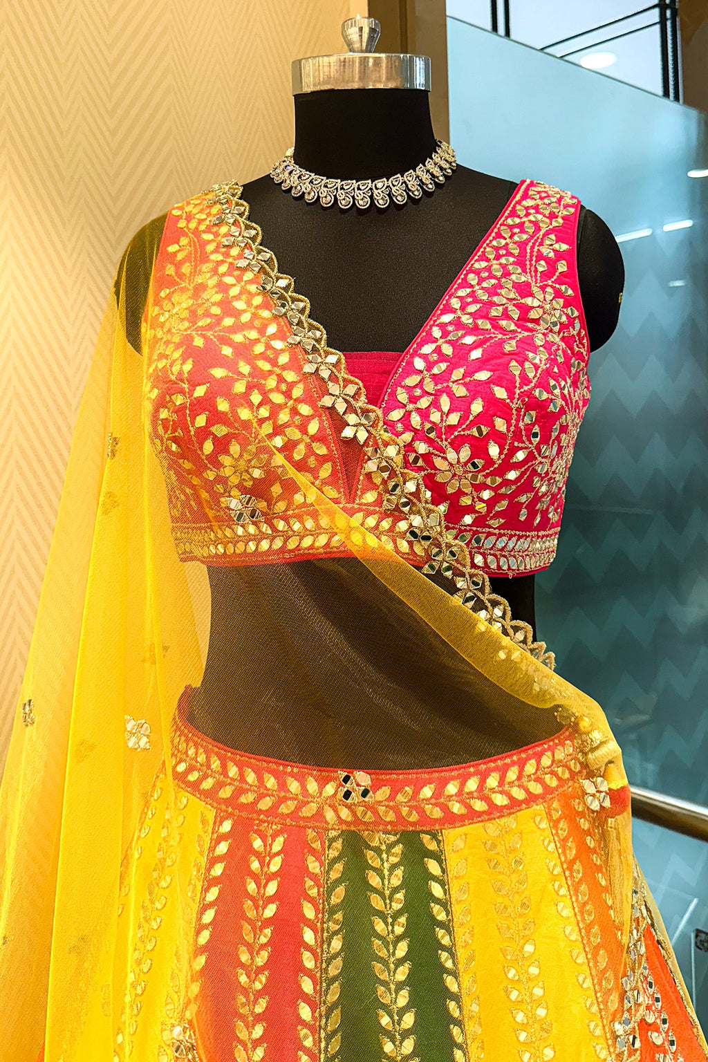 Multi Colored Silk Mirror Worked Designer Lehenga - red silk saree