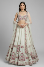 Off White Raw Silk Floral Embroidered Lehenga - red silk saree embroidered