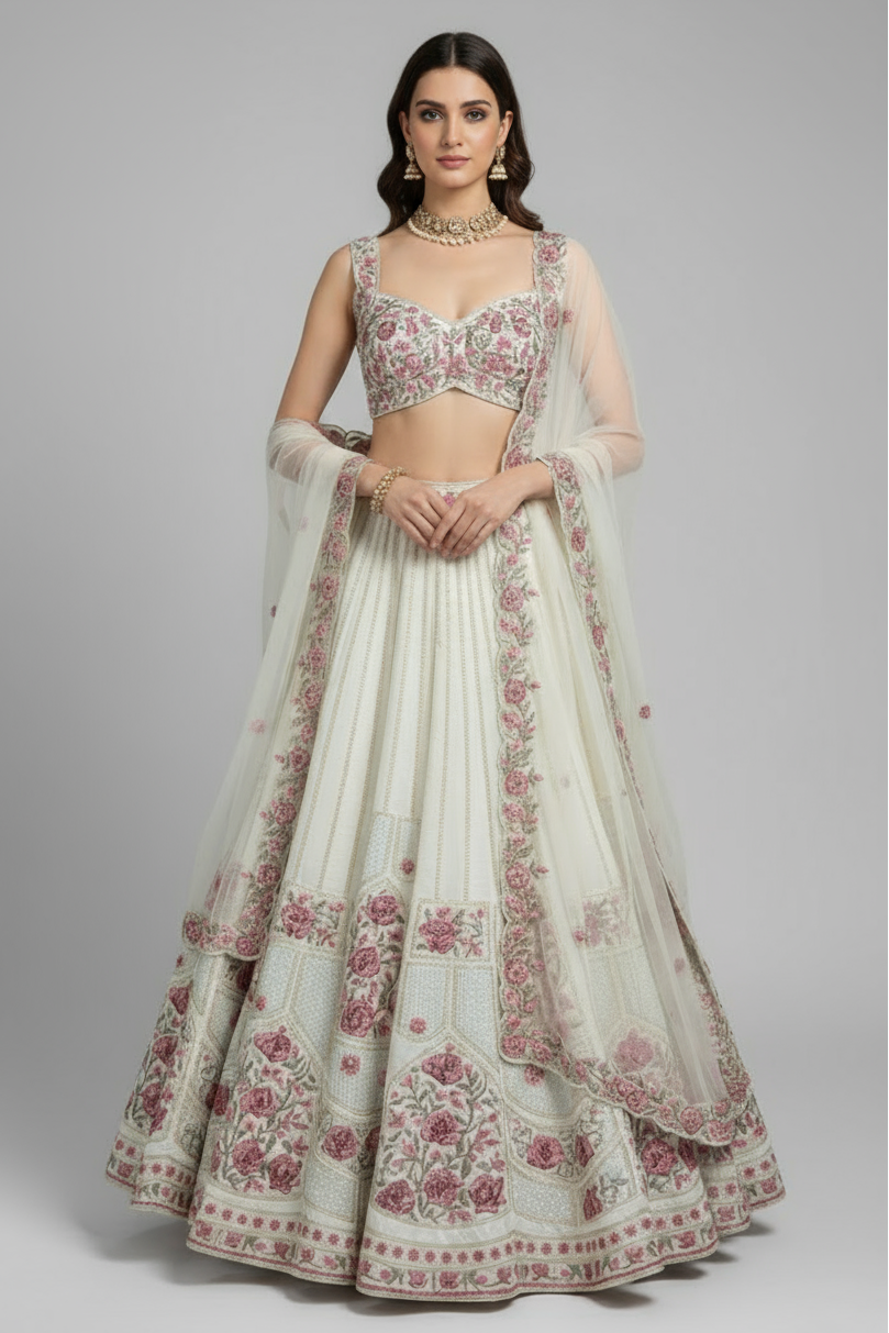 Off White Raw Silk Floral Embroidered Lehenga - red silk saree embroidered