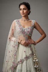 Off White Raw Silk Floral Embroidered Lehenga - red silk saree embroidered