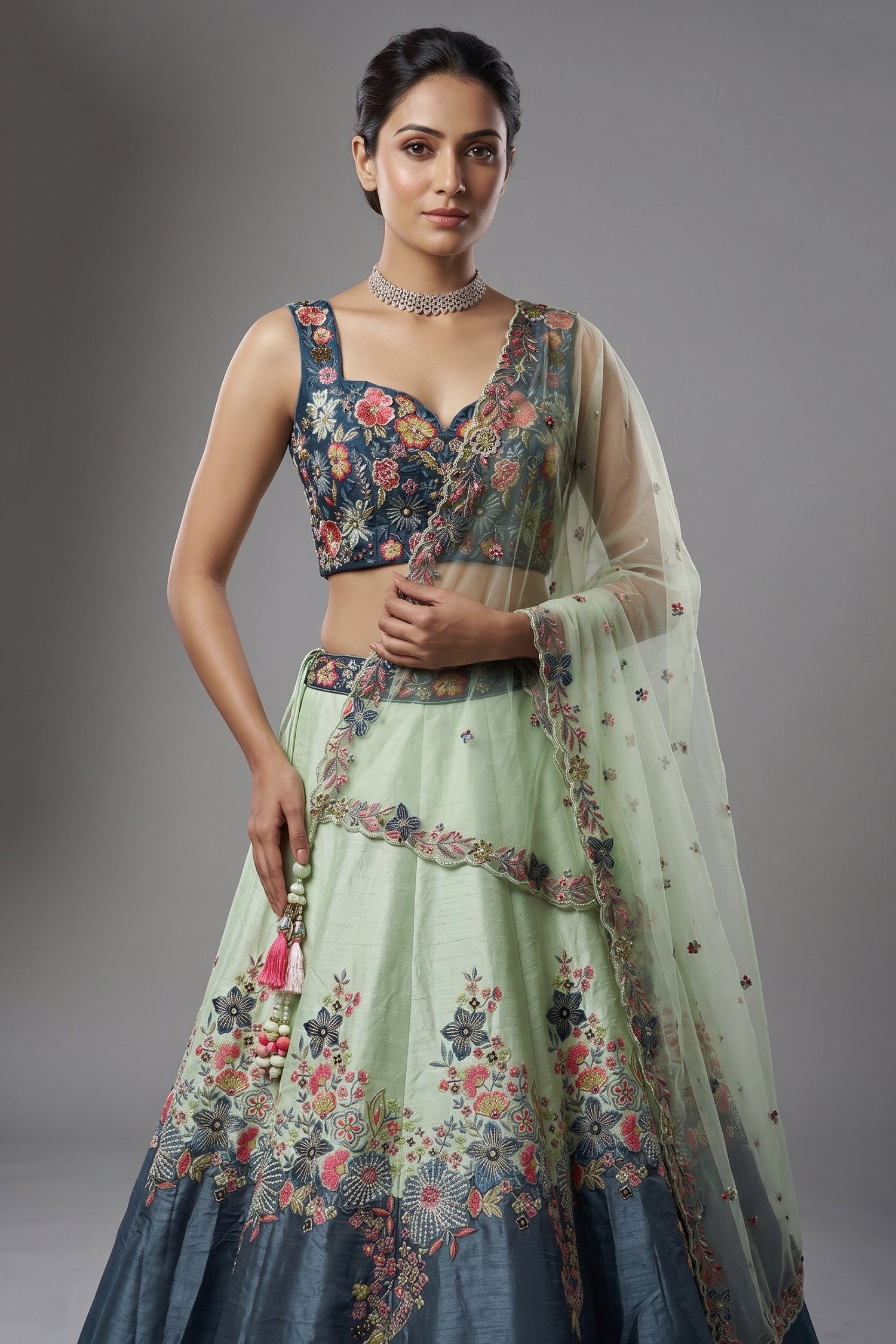 Mint Green and Blue Raw Silk Floral Embroidered Lehenga - red silk saree embroidered