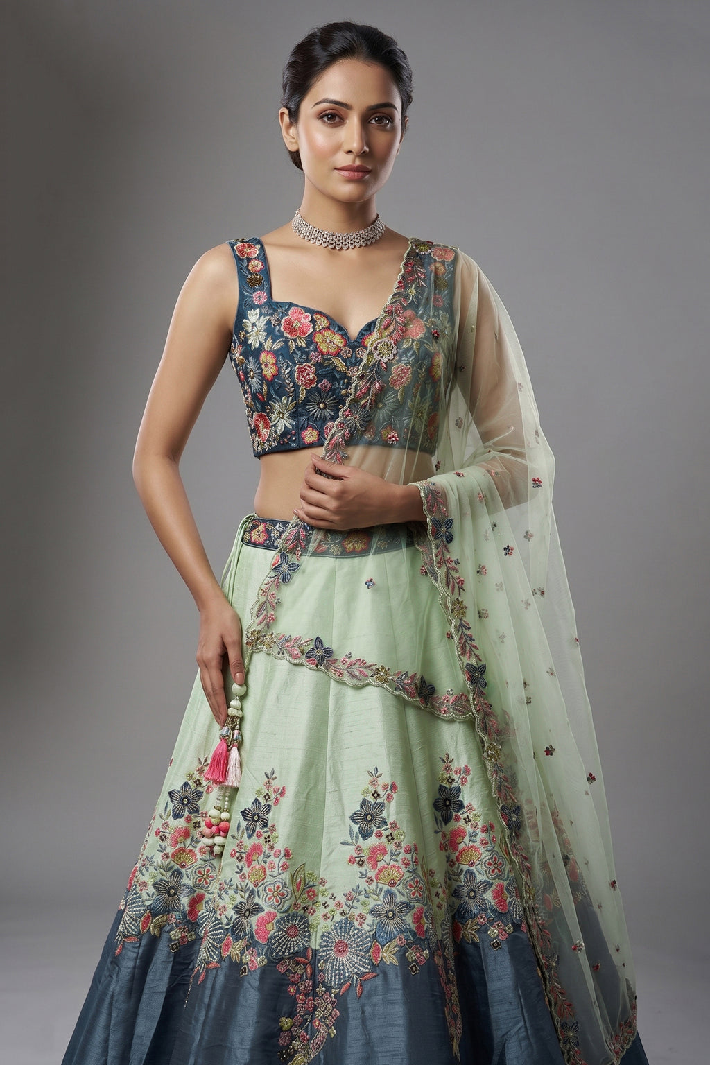 Mint Green and Blue Raw Silk Floral Embroidered Lehenga - red silk saree embroidered