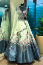 Mint Green and Blue Raw Silk Floral Embroidered Lehenga - red silk saree embroidered