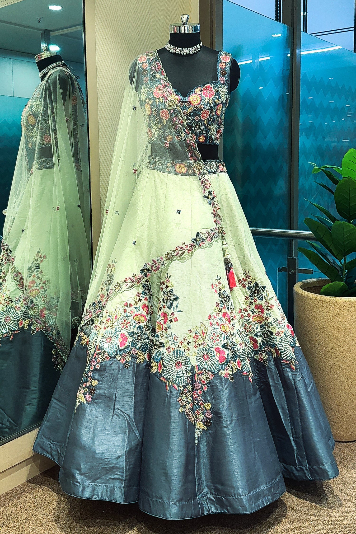 Mint Green and Blue Raw Silk Floral Embroidered Lehenga - red silk saree embroidered