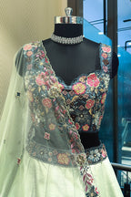 Mint Green and Blue Raw Silk Floral Embroidered Lehenga - red silk saree embroidered