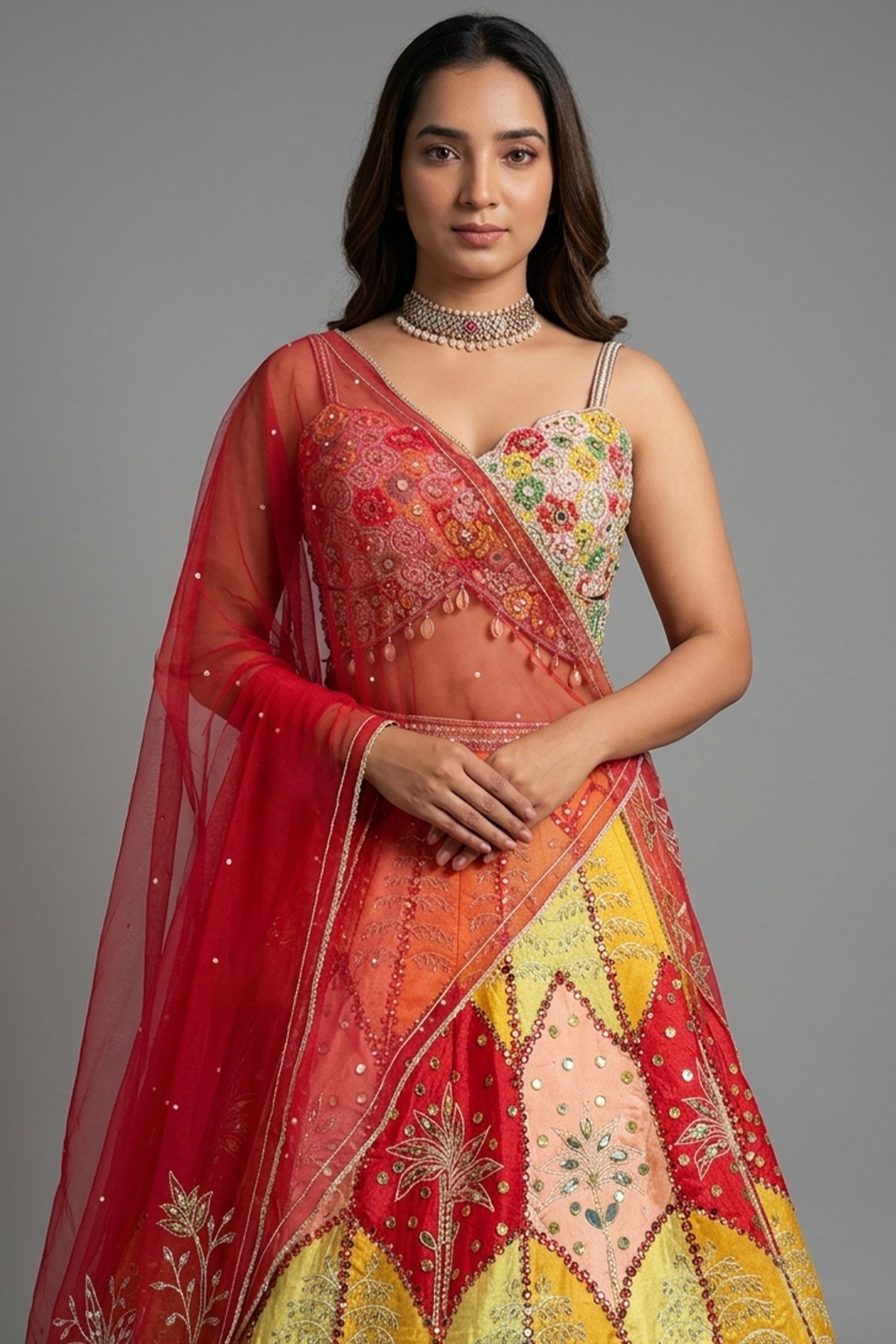 Multi Colored Silk Embroidered and Mirror Worked Lehenga Secondary image
