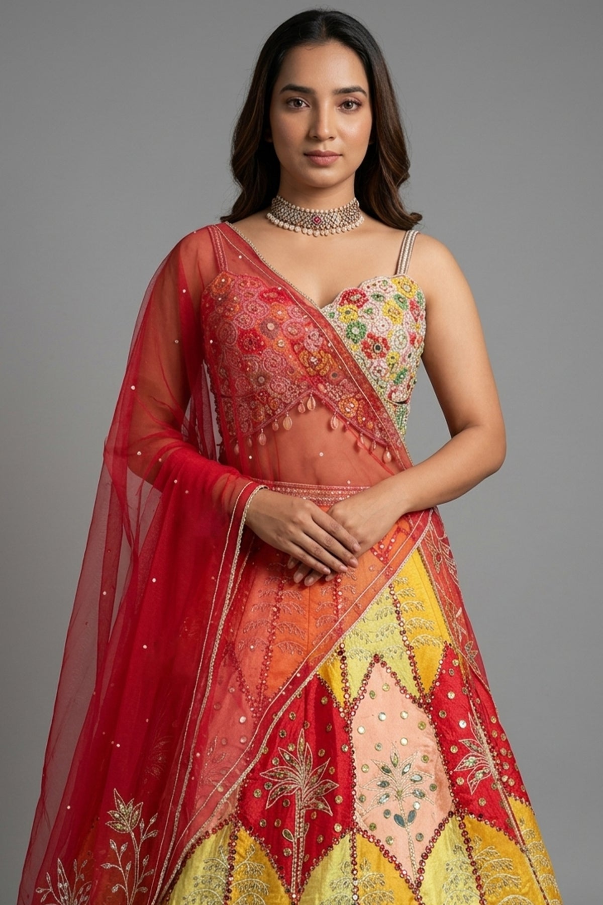 Multi Colored Silk Embroidered and Mirror Worked Lehenga - red silk saree embroidered