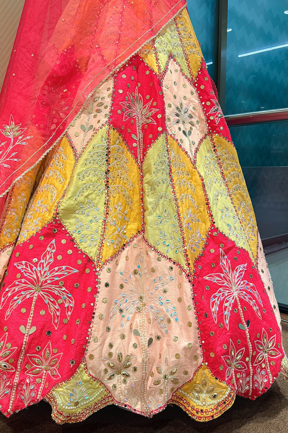 Multi Colored Silk Embroidered and Mirror Worked Lehenga - red silk saree embroidered