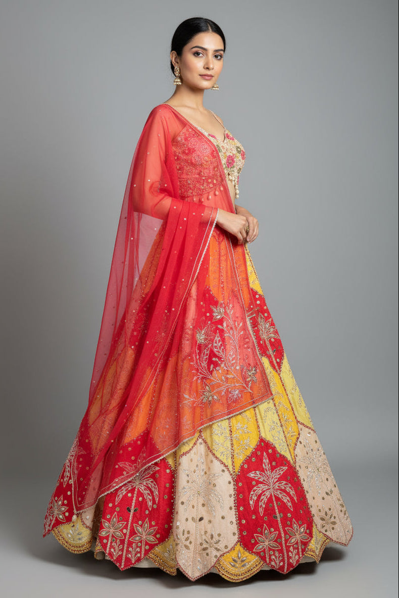 Multi Colored Silk Embroidered and Mirror Worked Lehenga - red silk saree embroidered Main image